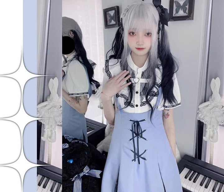 Jirai Kei Bi-color Blouse, Suspender Skirt Set 21976:365232