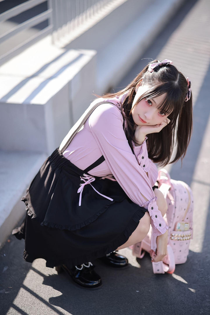 Pink Jirai Kei Blouse, Black Lace Up Skirt 21832:760685