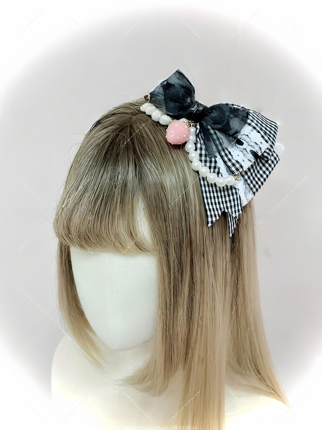 Ryousangata Plaid Strawberry Headband, Adjustable Bow 43647:782293