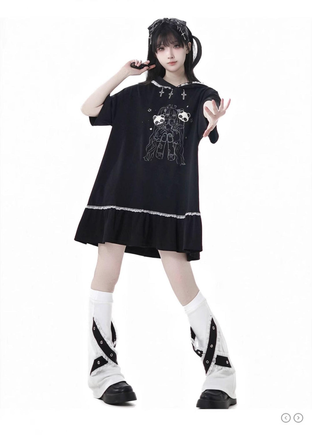 Black Cotton Sport-styled Jirai Kei Hoodie Dress & Shorts Set 42980:761499