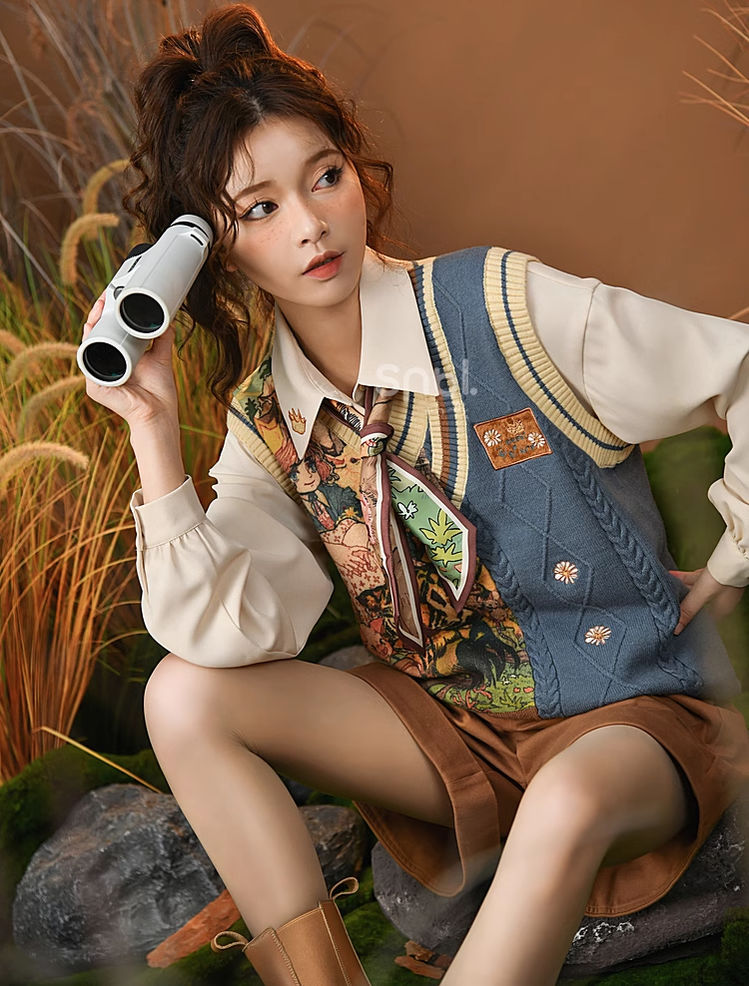 Mori Kei Clothing Set Retro Shirt Academy Vest Casual Shorts 39286:618832
