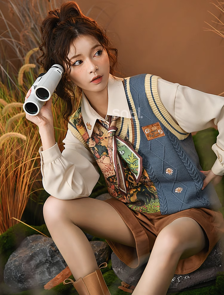 Mori Kei Clothing Set Retro Shirt Academy Vest Casual Shorts 39286:618832