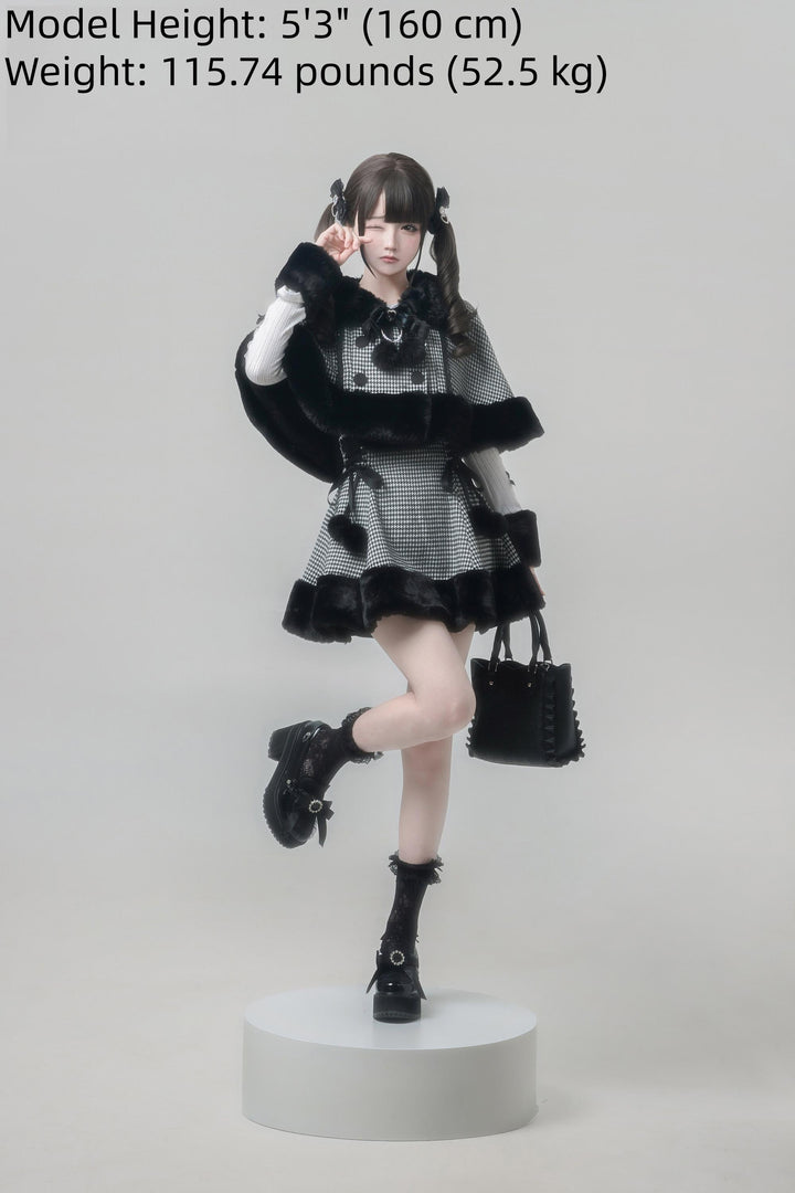 Houndstooth Jirai Kei Plush Cape, High-Waisted Skirt 44591:814691