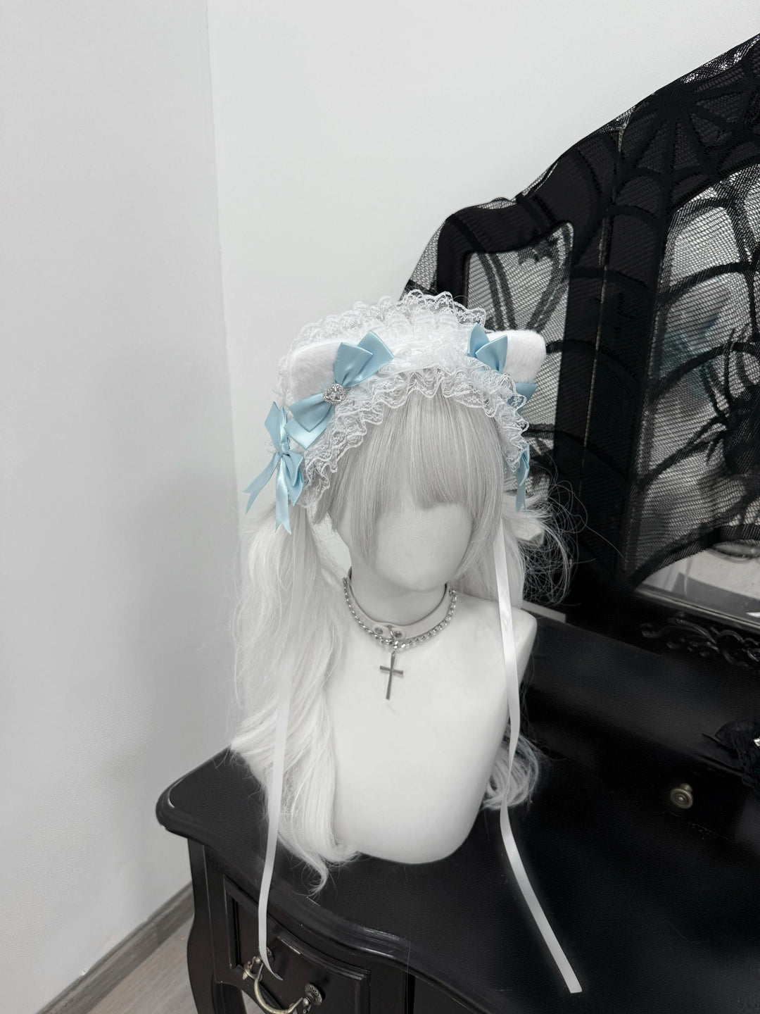 Furry Cat Ear Jirai Kei Headband, Lace & Rhinestones 43075:767121