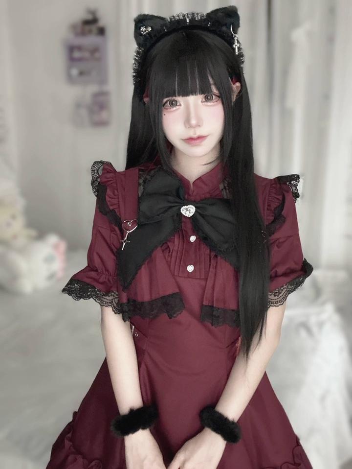 Jirai Kei Dress Set with Large Bow & Lace Hollow-out Detail 42814:763574