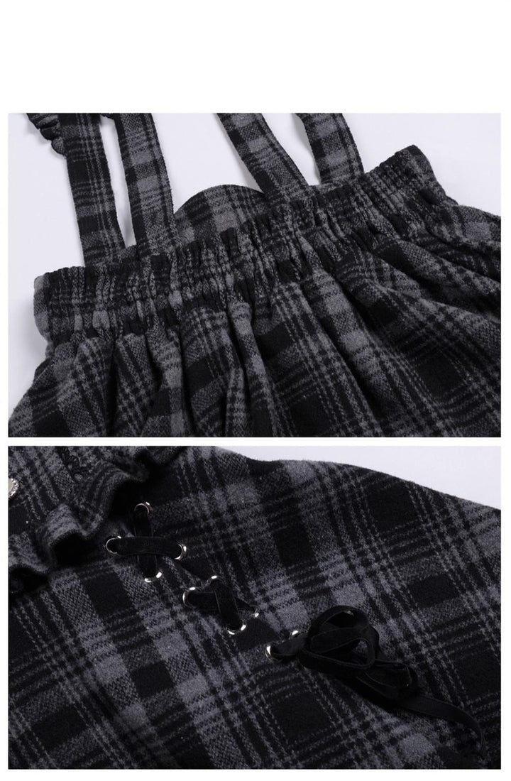 Jirai Kei Set Purple Open-Shoulder Blouse Plaid Suspender Skirt Set 33830:442362