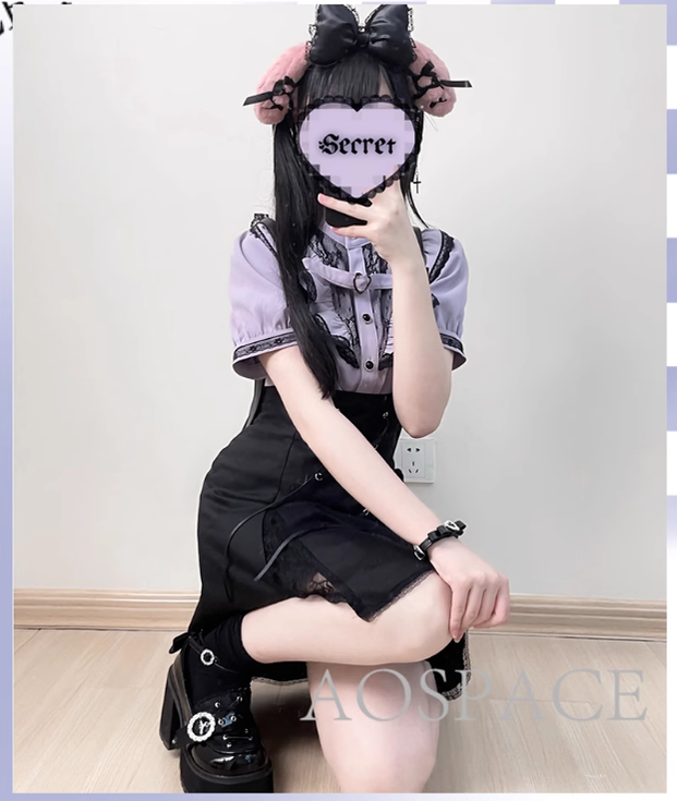 Jirai Kei Bi-color Blouse, Suspender Skirt Set 21976:365406