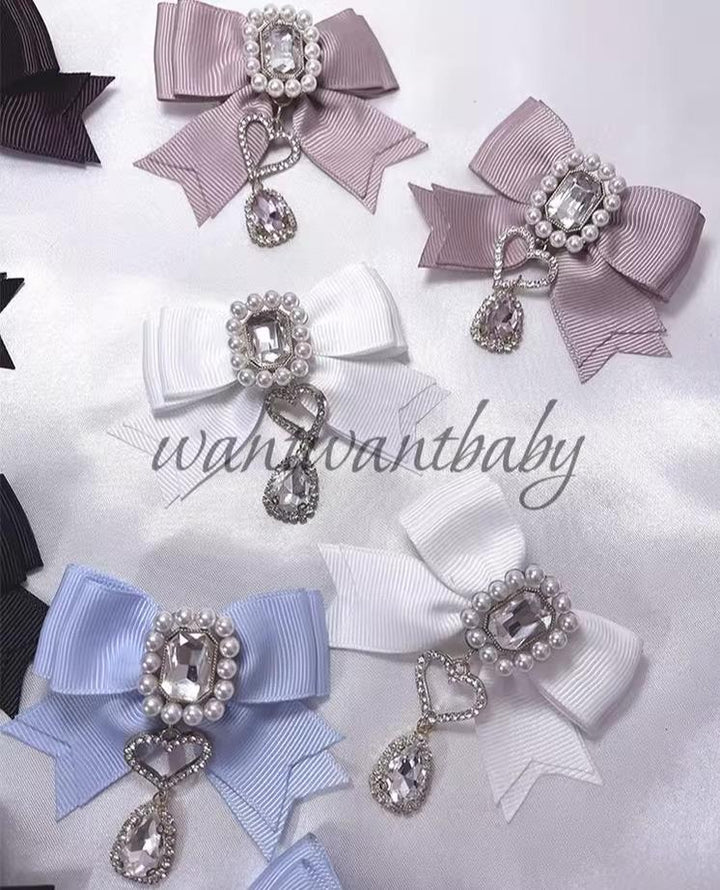 Ribbon Jirai Kei Hair Clips with Rhinestone And Pearl Detail 42436:741567