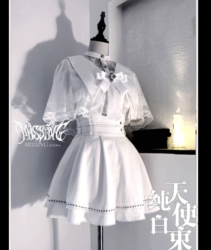 Jirai Kei Skirt Angel Wing Collar Blouse Double Layered Skirt (White / L M S XL) 39538:634860