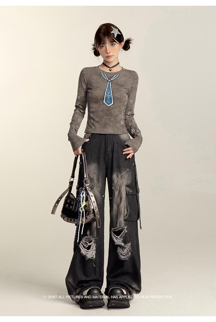 Punk Pants Black Straight Wide Leg Ripped Jeans Autumn 39760:642294