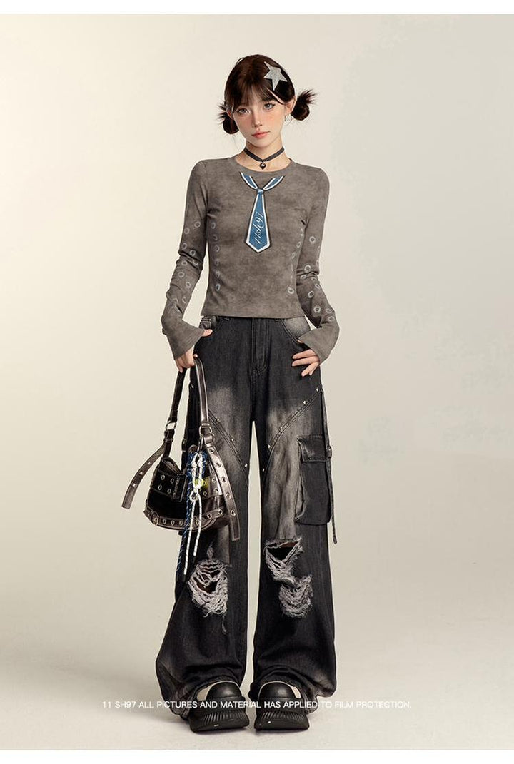 Punk Pants Black Straight Wide Leg Ripped Jeans Autumn 39760:642294