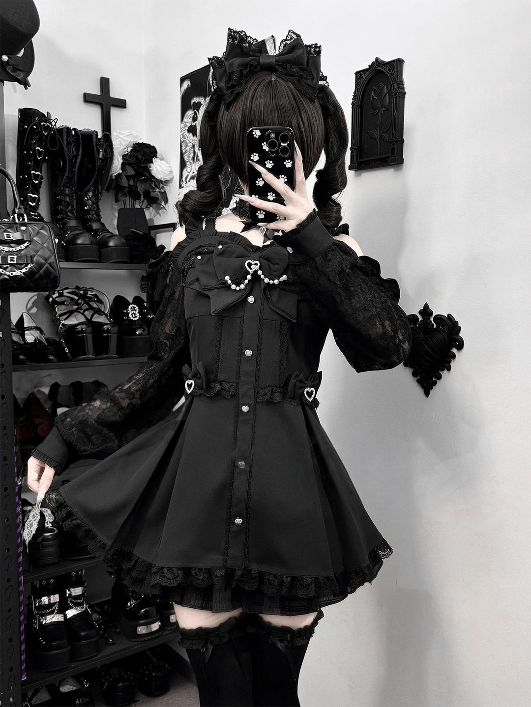 Jirai Kei Open-Shoulder Dress, Lace Sleeves (2XL L M XL) 44417:807605
