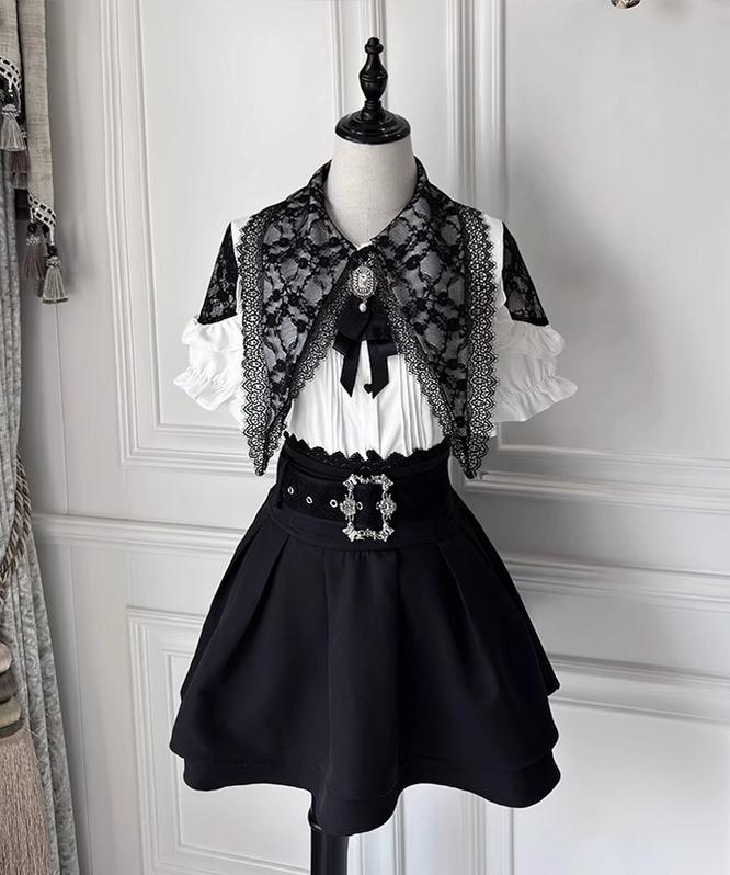 Pointed Lace Collar Jirai Kei Blouse & Black Skirt (2XL L M XL) 42949:769834