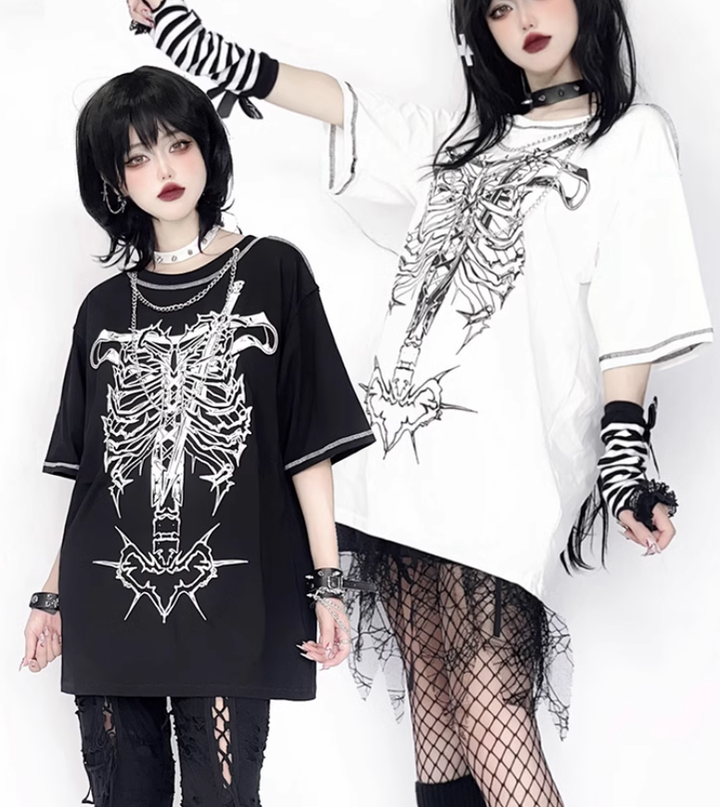 Gothic T-shirt Punk Ribbone Print Top Drop-Shoulder Shirt 39132:614794