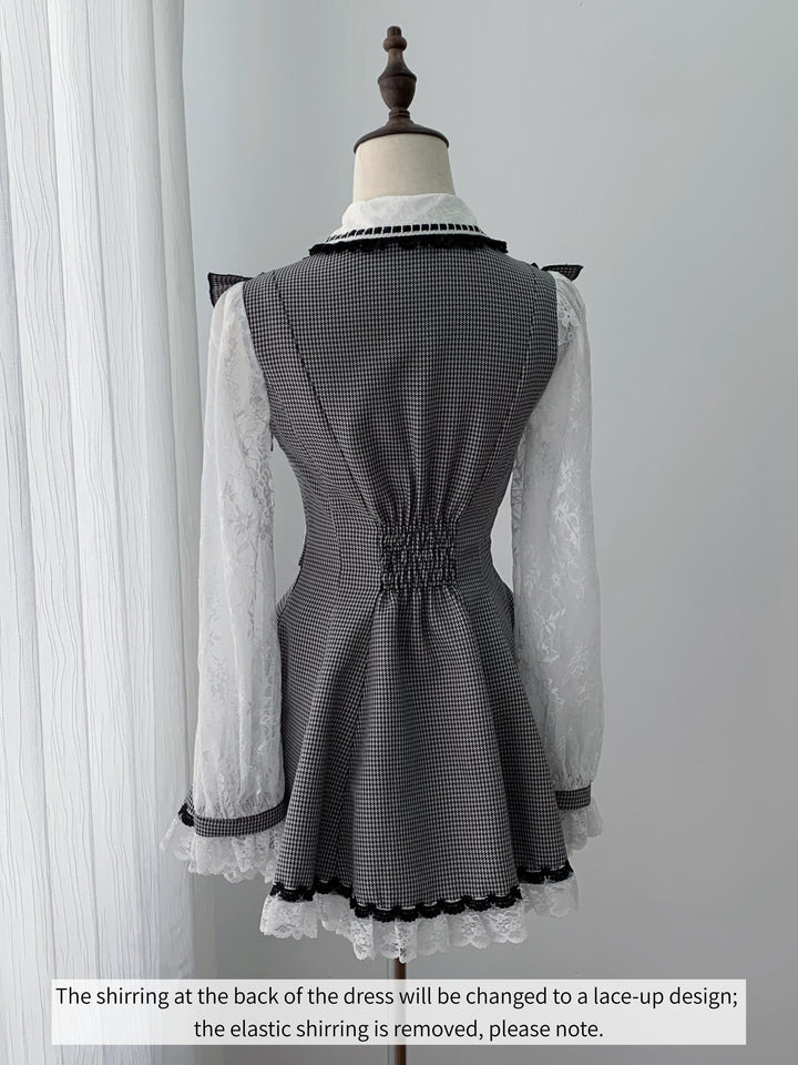 Ryousangata Long-Sleeved Dress Set, Houndstooth & Lace Tulle 46075:874929