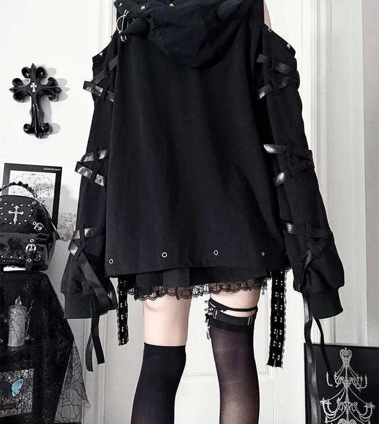 Gothic Open-Shoulder Hoodie Jacket with Devil Horns 46063:875490