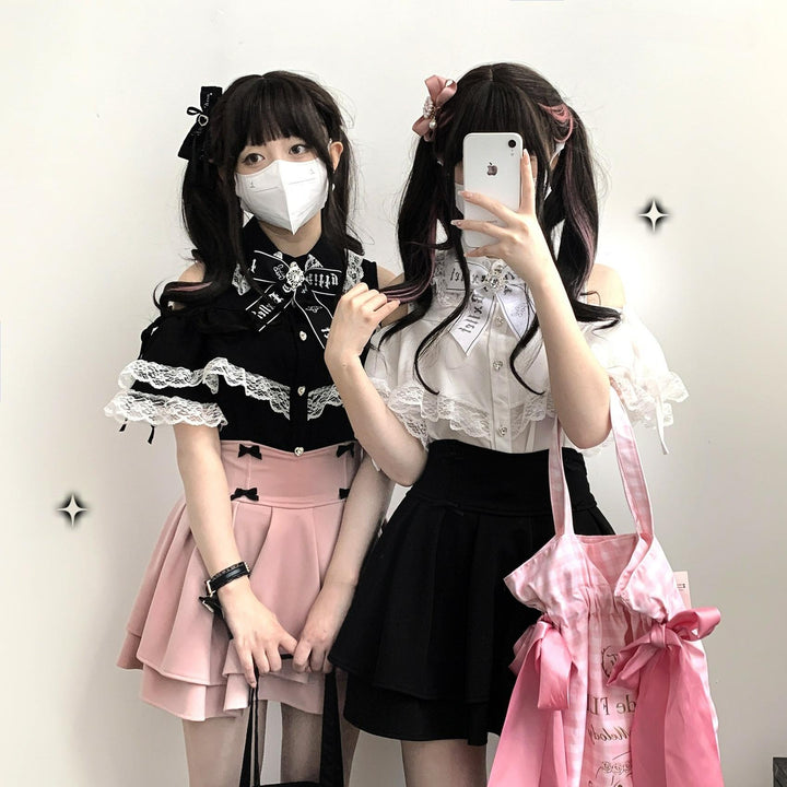 Jirai Kei Shirt Lace Open-shoulder Blouse Short Sleeve Top 36782:537540