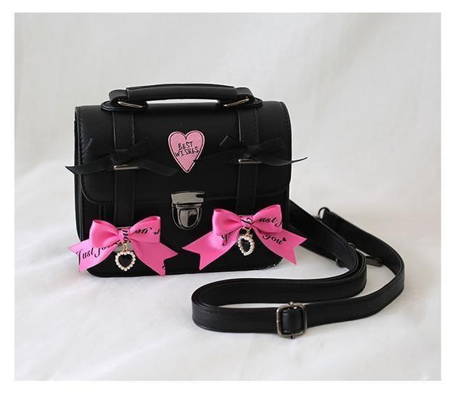 Black Jirai Kei Bag Leather Shoulder Bag With Bows And Rhinestone 33802:449842