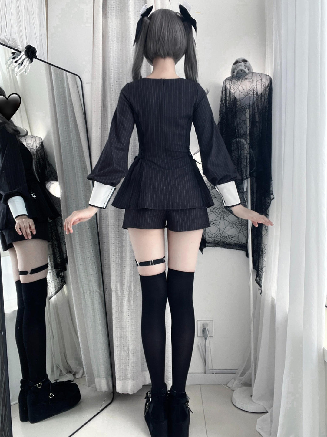 Striped Jirai Kei Set Up, Detachable Collar, Long/Short Sleeve Styles 43401:775795
