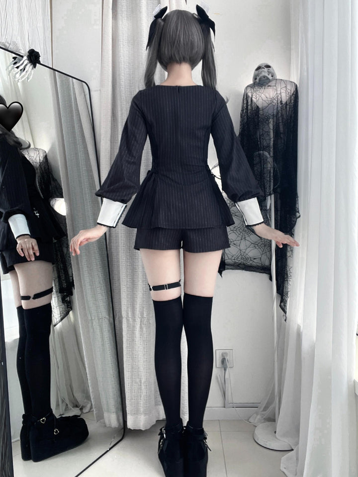 Striped Jirai Kei Set Up, Detachable Collar, Long/Short Sleeve Styles 43401:775795