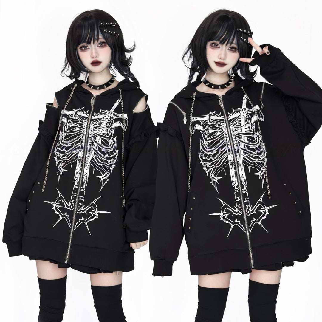 Subculture Ribcage Printed Zipper Hoodie, Open Shoulder 44482:811065