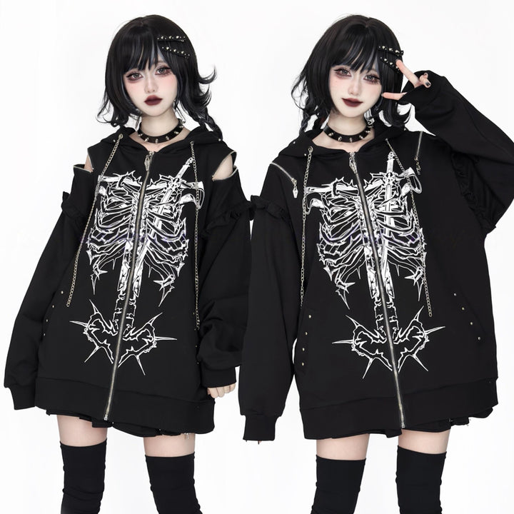 Subculture Ribcage Printed Zipper Hoodie, Open Shoulder 44482:811065