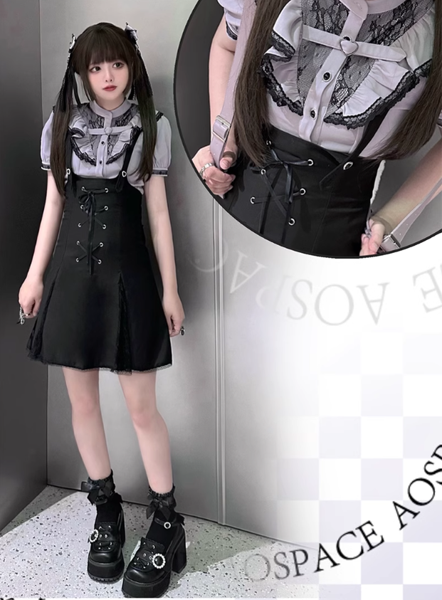 Jirai Kei Bi-color Blouse, Suspender Skirt Set 21976:365400