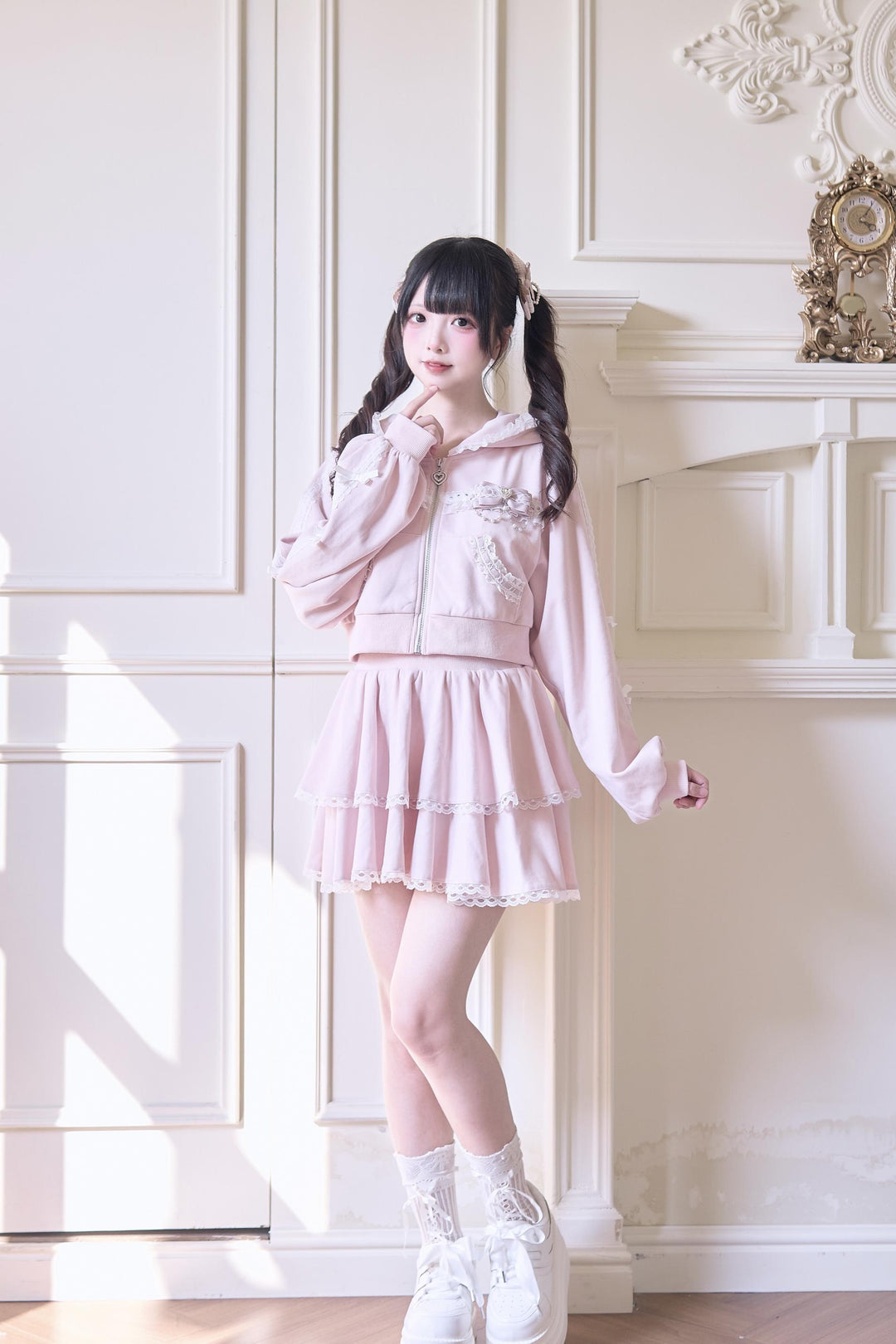 Sport Jirai Kei Hoodie Jacket Pants and Skirt with Lace Detail 42521:752322