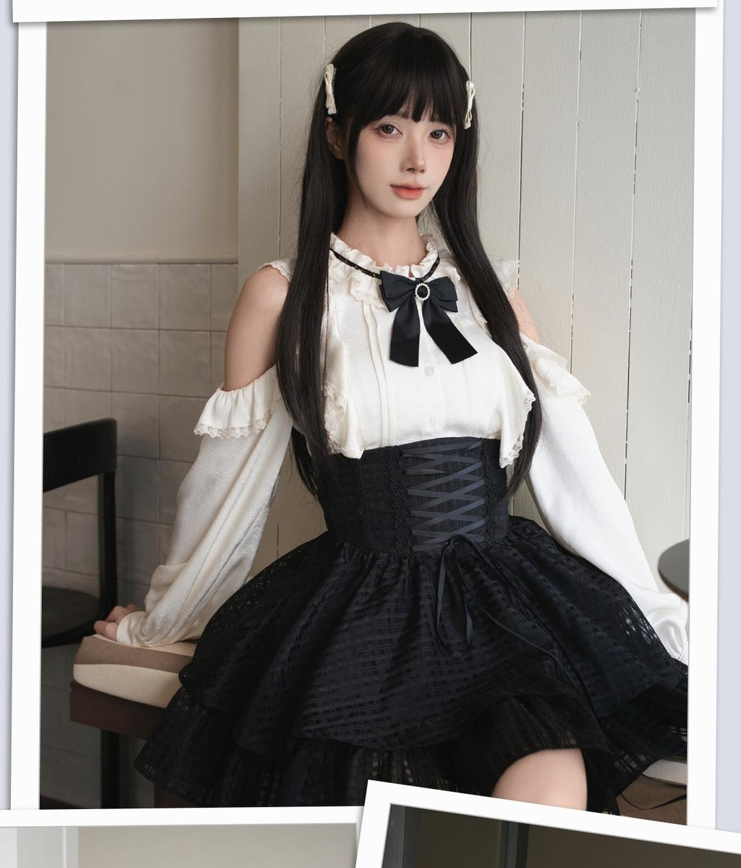 Open-Shoulder Blouse, High-Waisted Plaid Skirt (L M S) 44297:804757