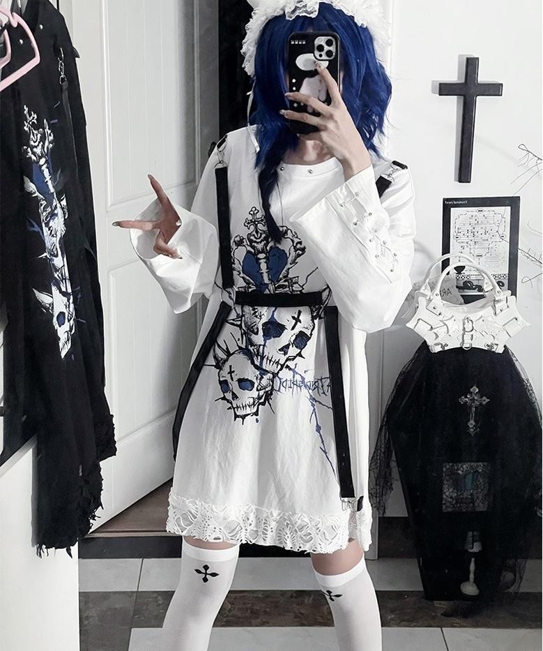 Gothic Printed Long Sleeve Tee, Detachable Strap 44336:804683