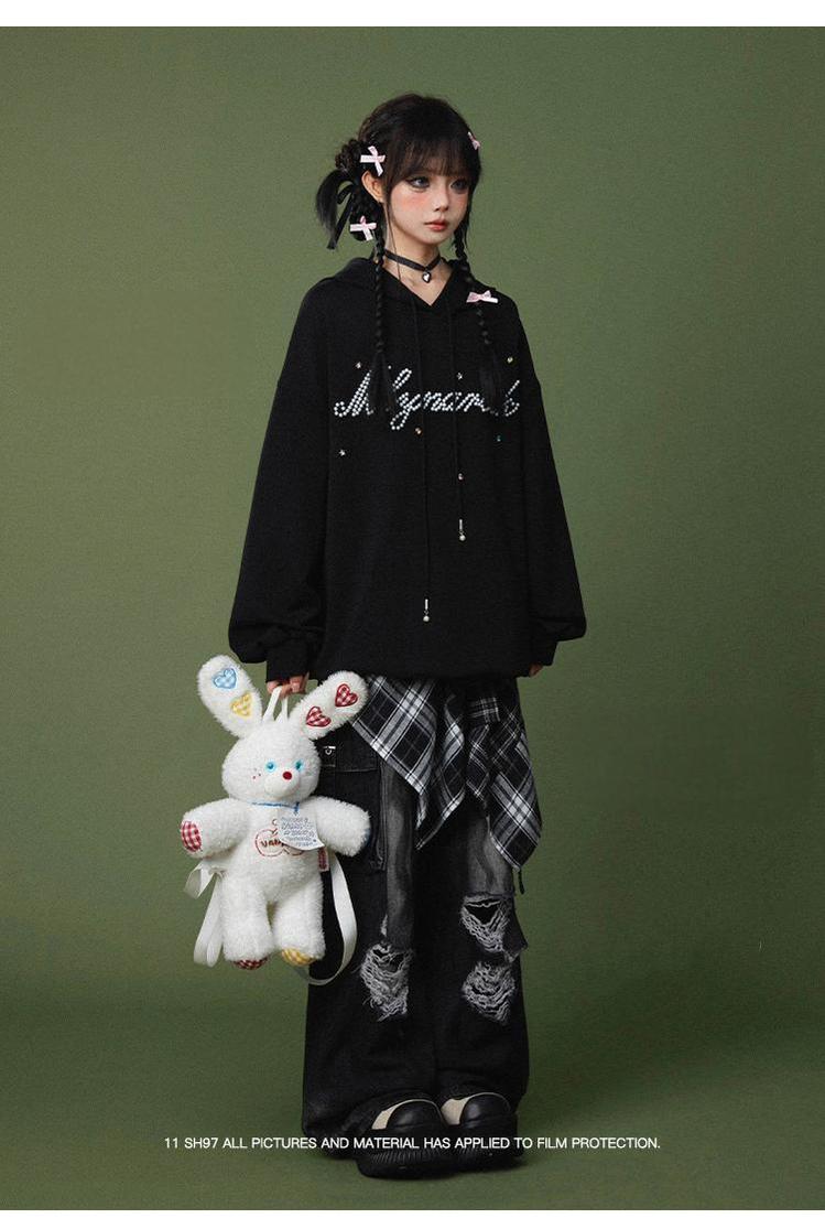 Punk Pants Black Straight Wide Leg Ripped Jeans Autumn 39760:642302