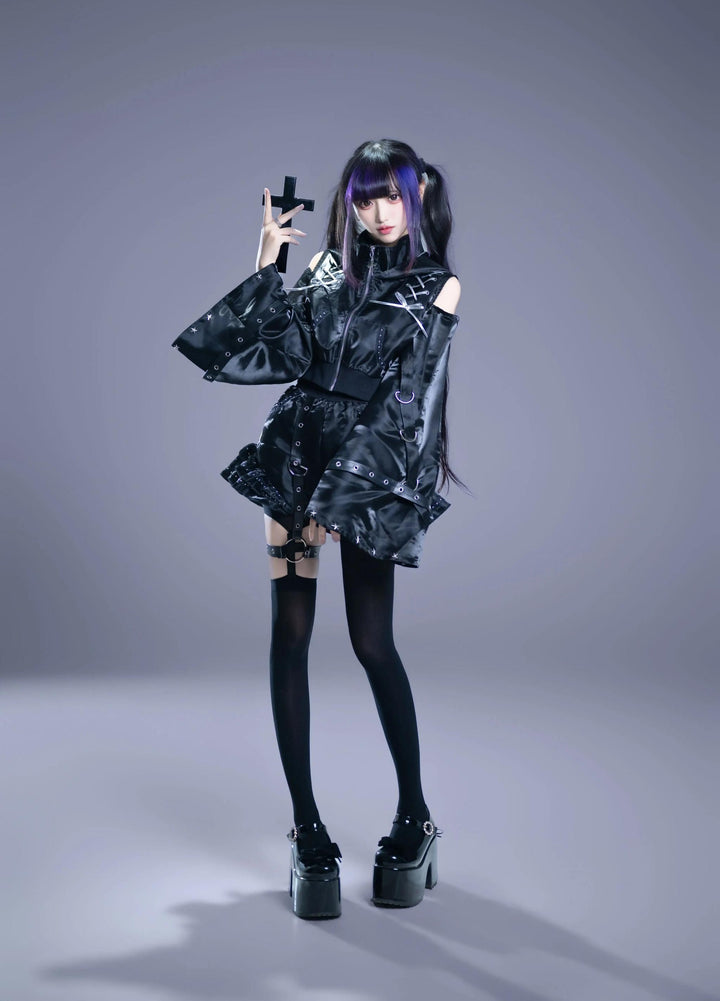 Gothic Hooded Crop Jacket & Shorts Set, Cat Ear 46064:874098