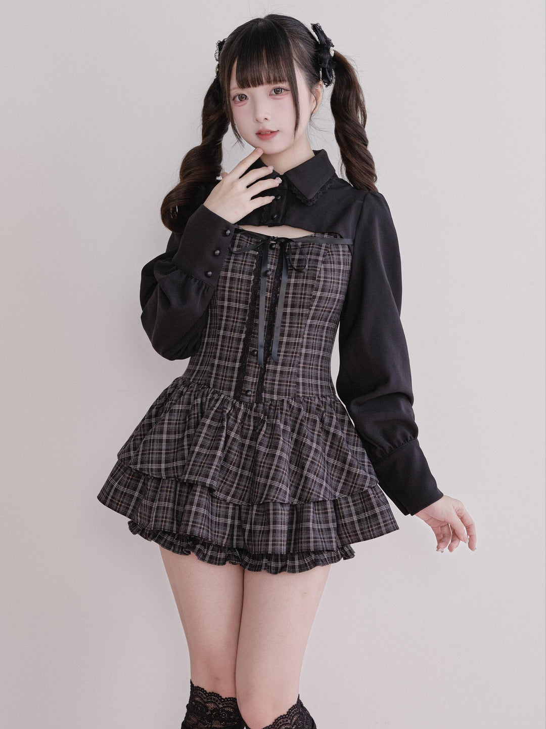 Jirai Kei Plaid Dress Set, Tiered Ruffles (L M) 44594:815607