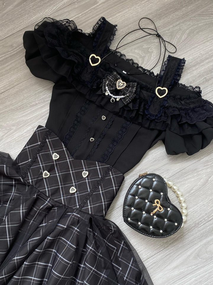 Jirai Kei Skirt Set Open-shoulder Blouse with Heart Bow Tie 42864:755966