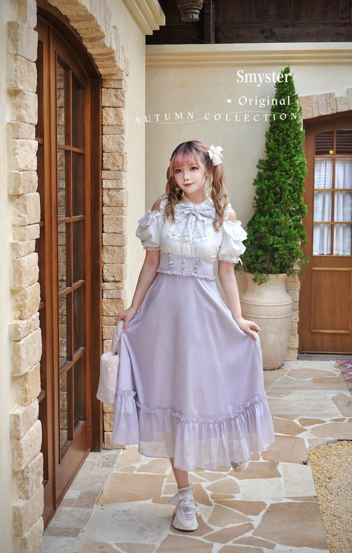 Jirai Kei Open-Shoulder Long Dress, Detachable Bow (2XL 3XL L M S XL) 44754:824048