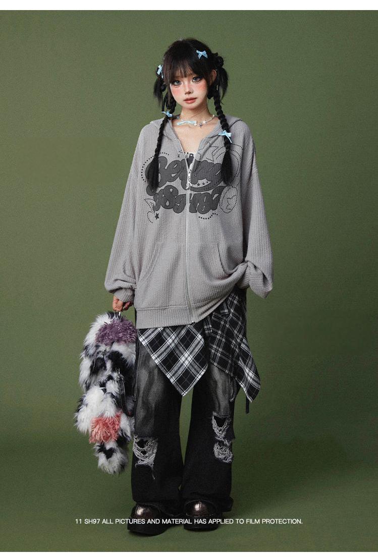 Punk Pants Black Straight Wide Leg Ripped Jeans Autumn 39760:642300
