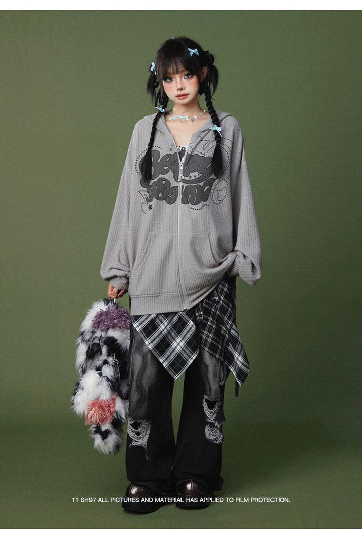 Punk Pants Black Straight Wide Leg Ripped Jeans Autumn 39760:642300