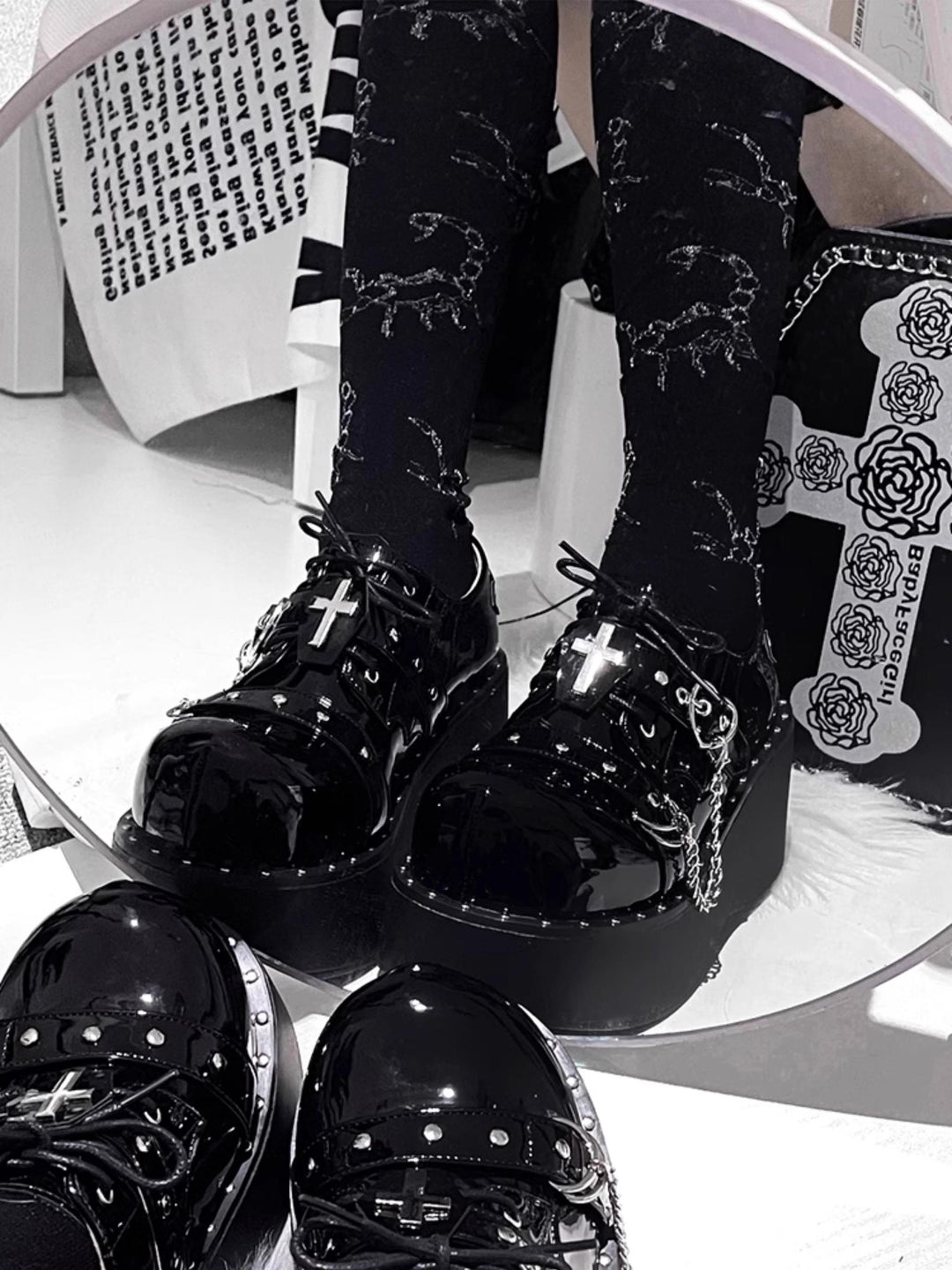 Punk Platform Shoes Round Toe Spice Girl Shoes Metal Crosses 38050:596306