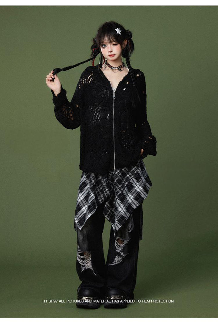 Punk Pants Black Straight Wide Leg Ripped Jeans Autumn 39760:642282