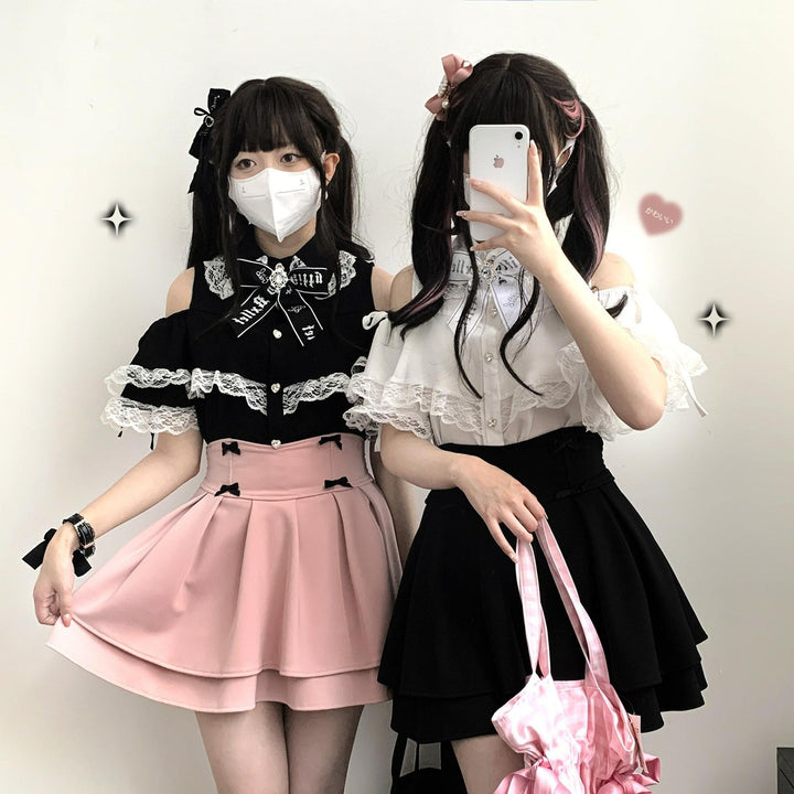 Jirai Kei Shirt Lace Open-shoulder Blouse Short Sleeve Top 36782:537538