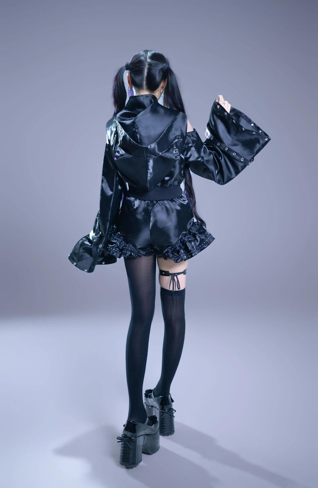 Gothic Hooded Crop Jacket & Shorts Set, Cat Ear 46064:874097