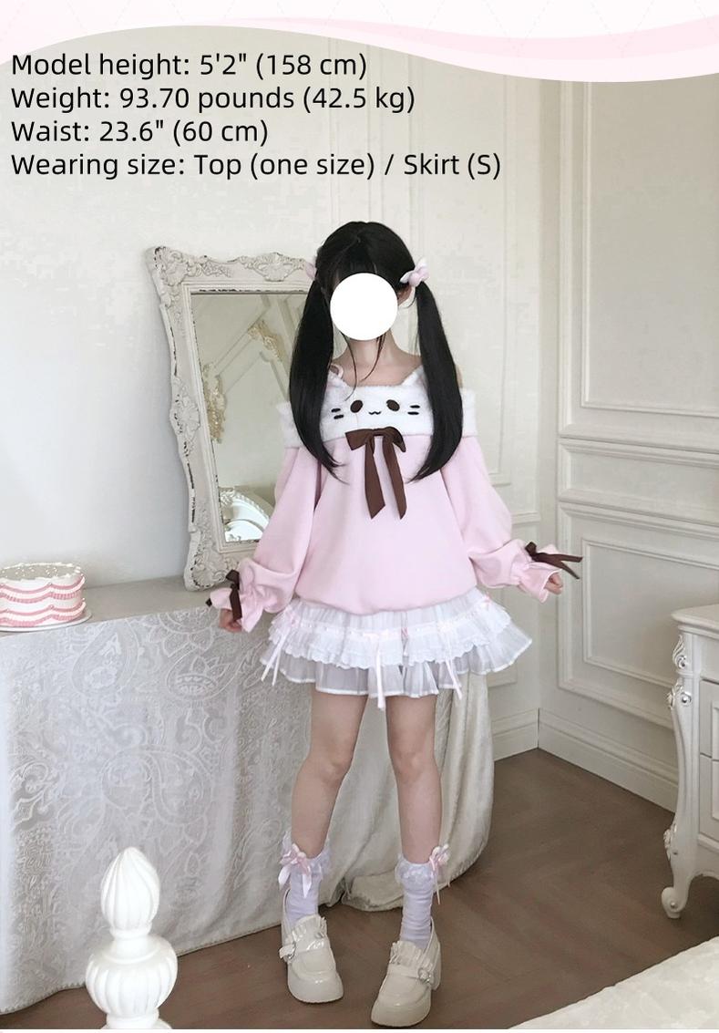 Off-Shoulder Kawaii Sweatshirt & Tiered Ruffle Skirt 43776:785343