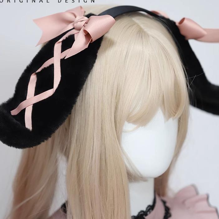 Jirai Kei Sweet Rabbit Ear Hairband Black Pink Hair Accessory 22524:334930