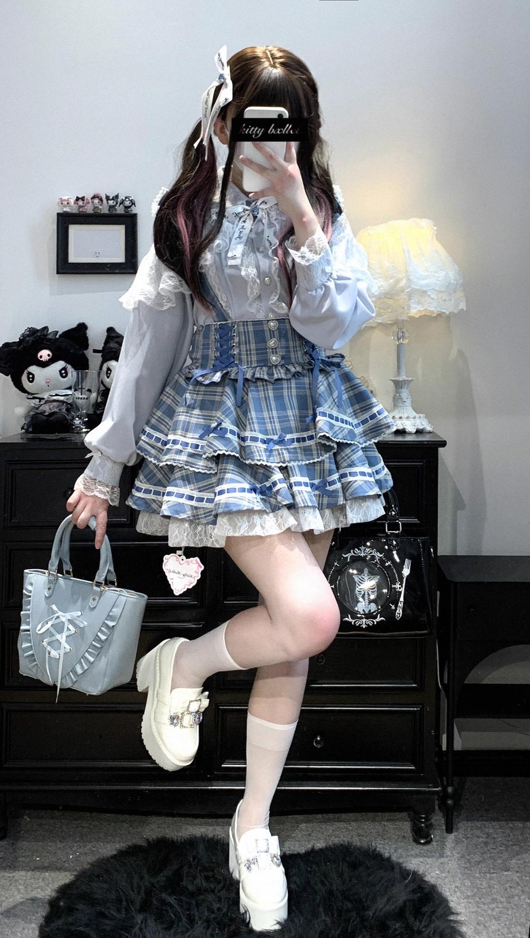 Plaid Jirai Kei Skirt, Detachable Suspenders 43735:784058