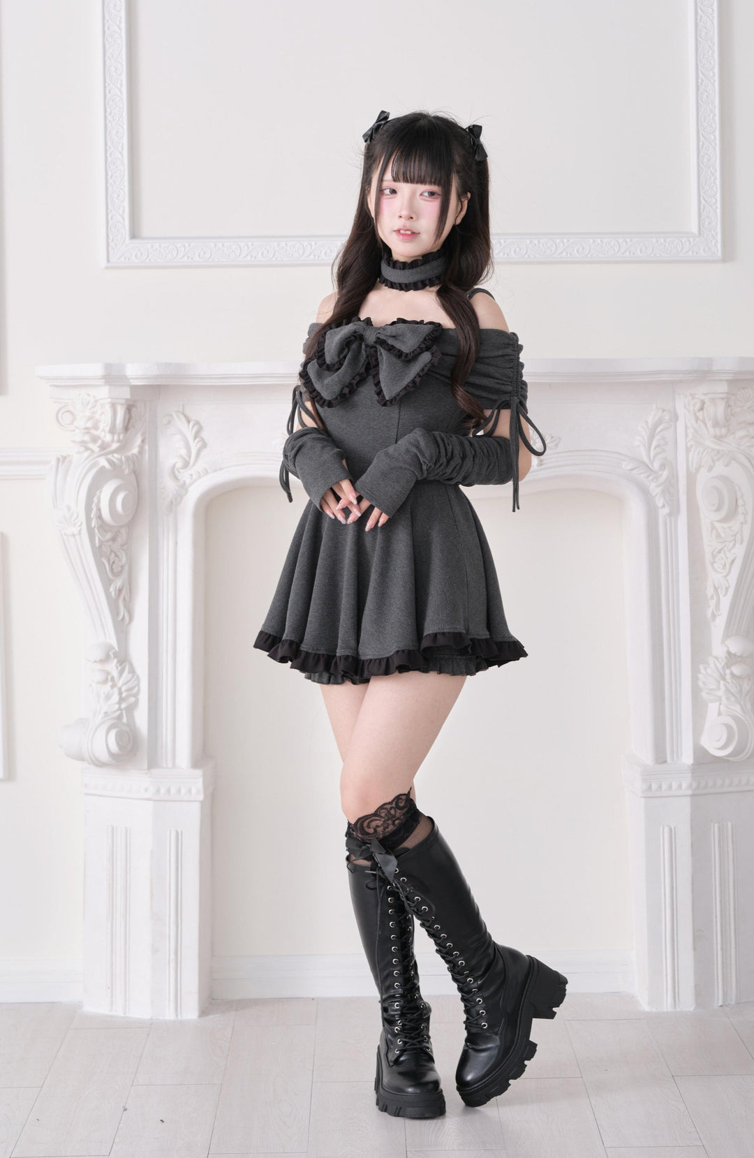 Jirai Kei Dress Set, Off-Shoulder & Ruffled Choker 44943:830425