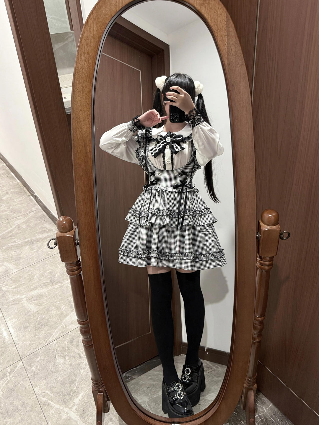 Jirai Kei Long Sleeve Blouse, Black Suspender Skirt 44031:803513
