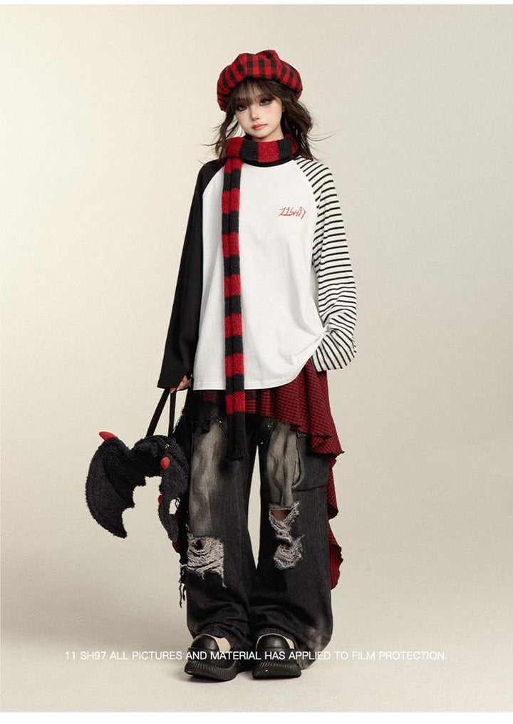 Punk Pants Black Straight Wide Leg Ripped Jeans Autumn 39760:642254