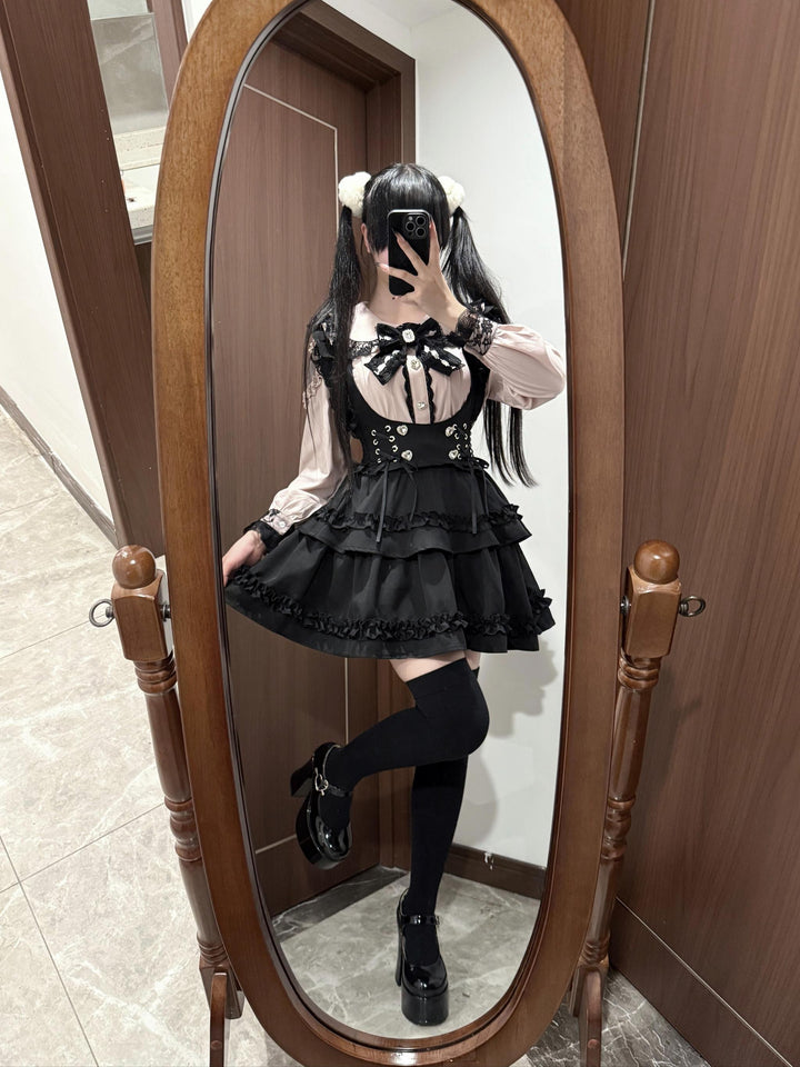 Jirai Kei Long Sleeve Blouse, Black Suspender Skirt 44031:803511