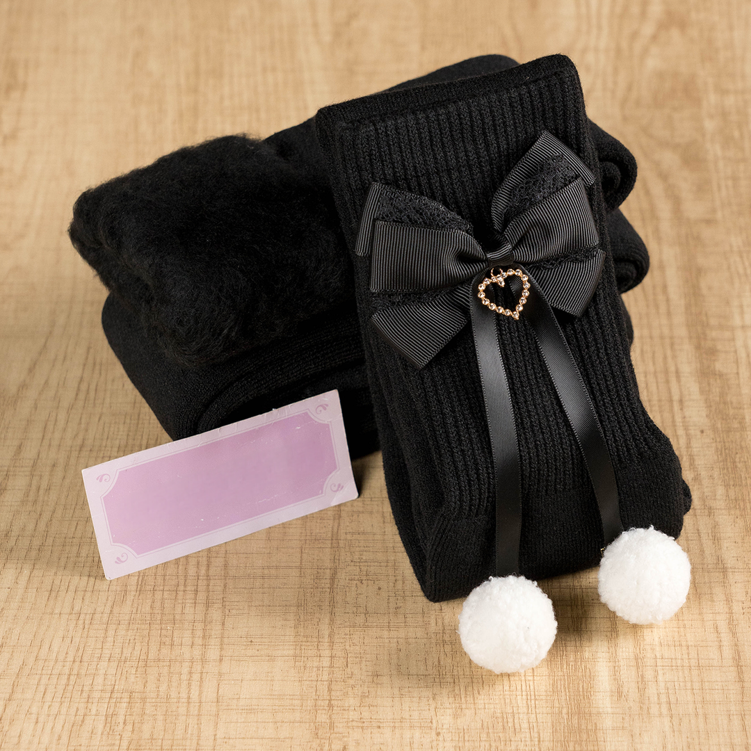 Jirai Kei Knee Socks Thick Plush Padded Bow Socks (Black) 40890:679128