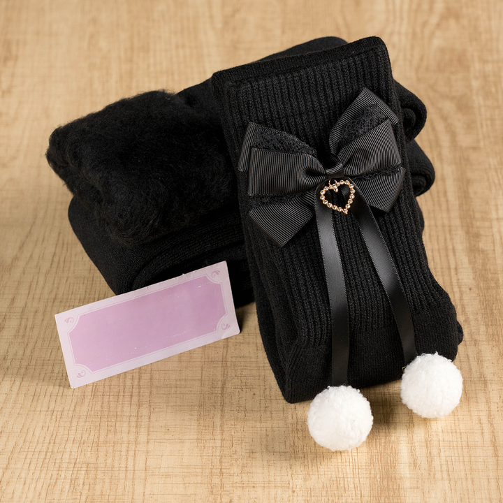 Jirai Kei Knee Socks Thick Plush Padded Bow Socks (Black) 40890:679128